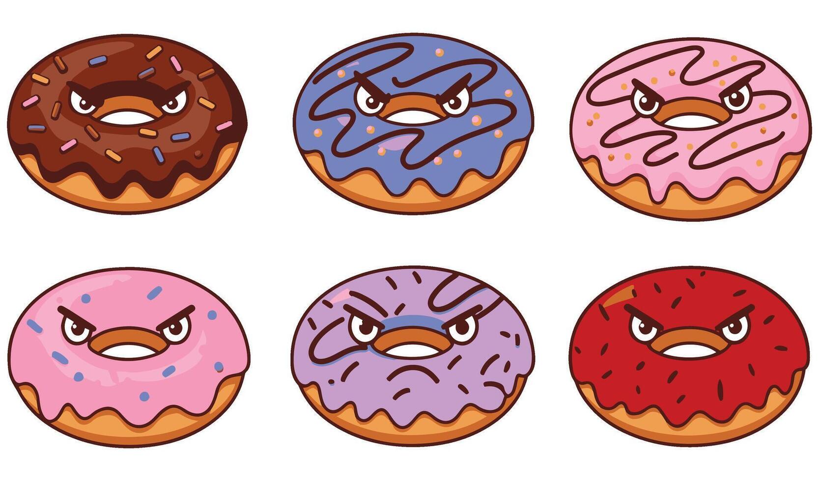 Cute and Playful Angry Donut Icon Set with Sprinkled Frosting and Hilarious Hungry Expressions Perfect for Food Themed Digital Stickers and Cartoon Art Designs vector