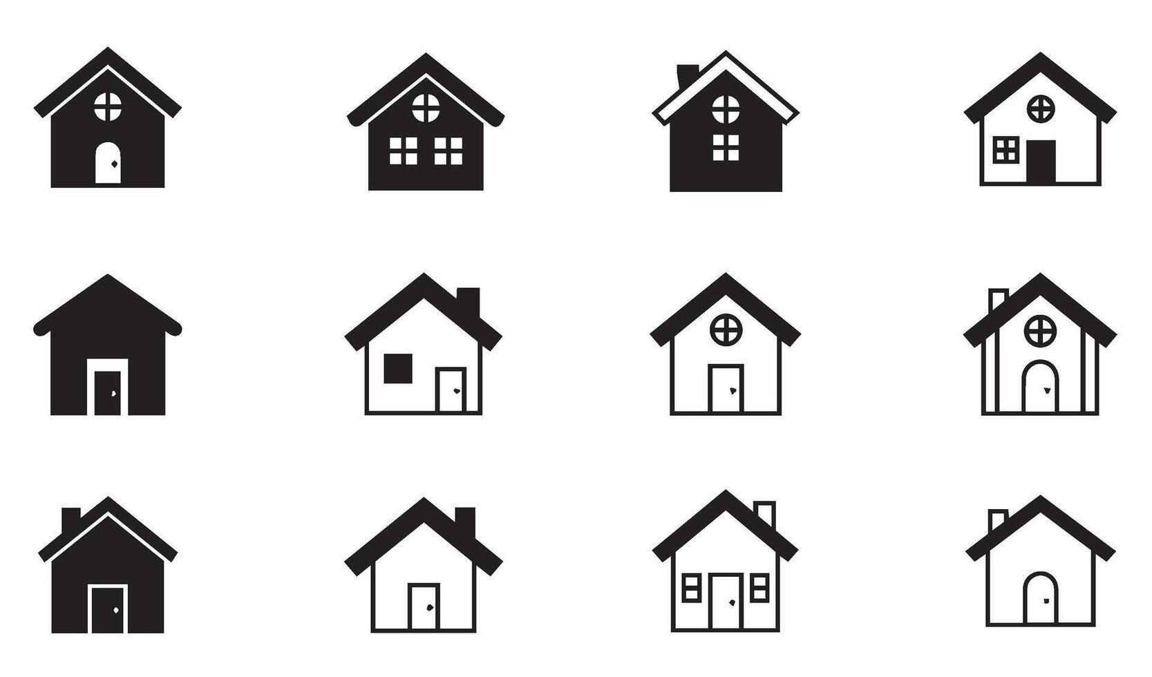 Elegant Home Icon Set Displaying a Variety of House Designs in Monochrome Vectors Style