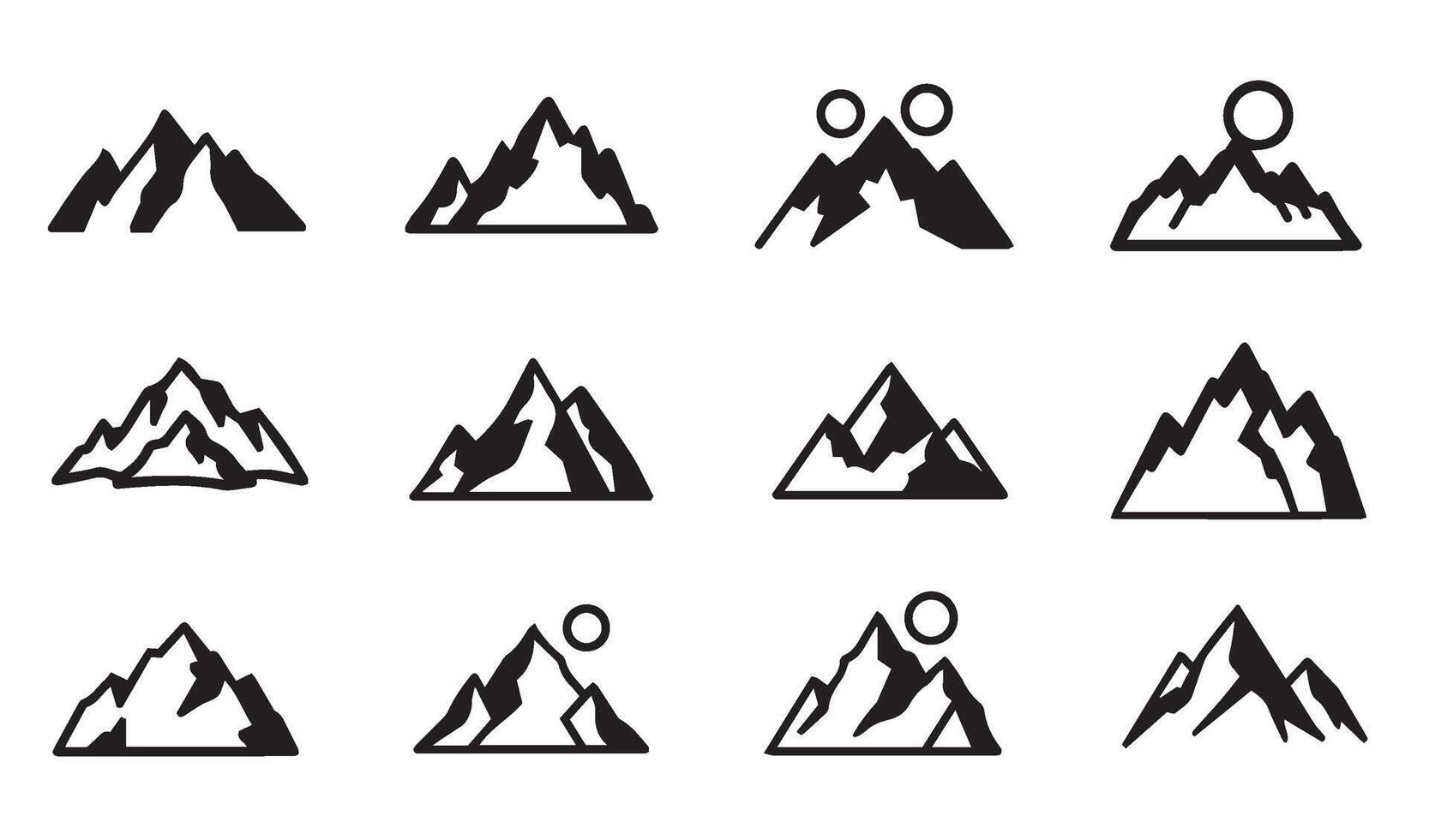 Versatile Collection of Mountain Line Art Icon Silhouette Featuring Bold and Minimalist Designs for Outdoor and Nature-Themed Projects vector