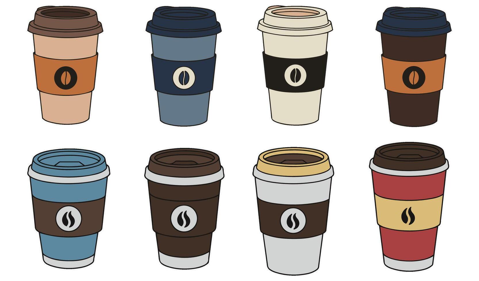 Stylish Yeti Rumble Coffee Cup Set Illustration Featuring a Variety of Vibrant Travel Mugs and Tumblers for Coffee Lovers and Branding Projects vector