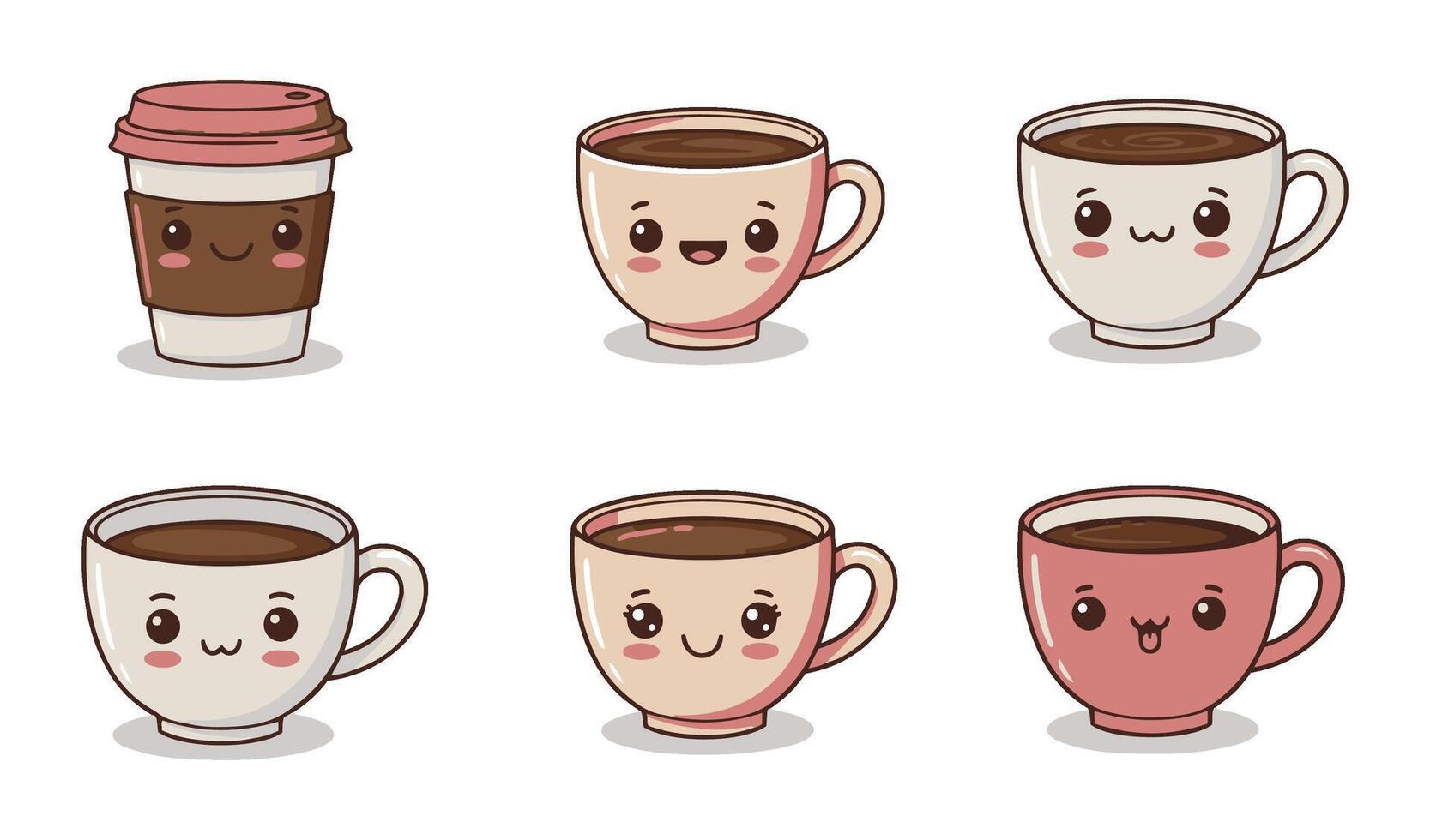 Whimsical Cute Happy Coffee Cup Set Illustration with a Collection of Joyful and Cheerful Hot Beverage Cups Ideal for Cafeteria Logos and Packaging Design vector