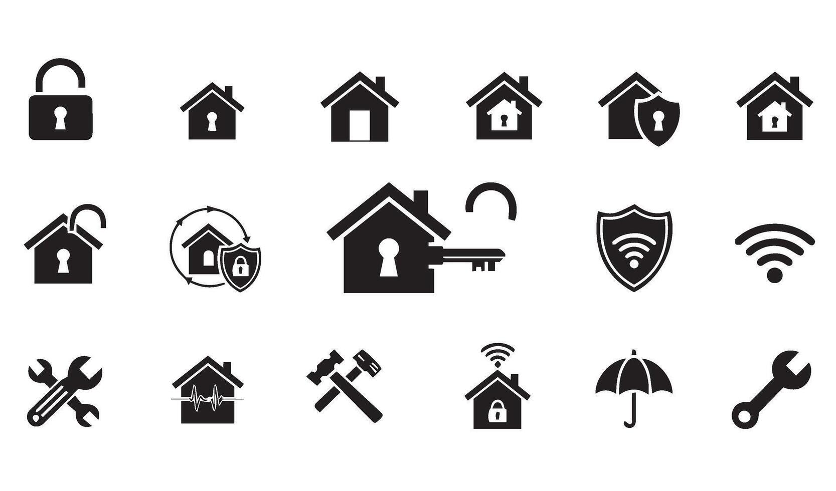 Comprehensive Smart Home Icon Set with Secure House Symbols and Maintenance Equipment Illustrations vector