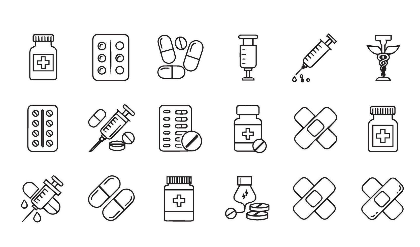 Comprehensive Set of Hospital Medical Medication and Healthcare Icons Line Art Silhouette Featuring Essential Medical Symbols for Health Industry and Educational Use vector