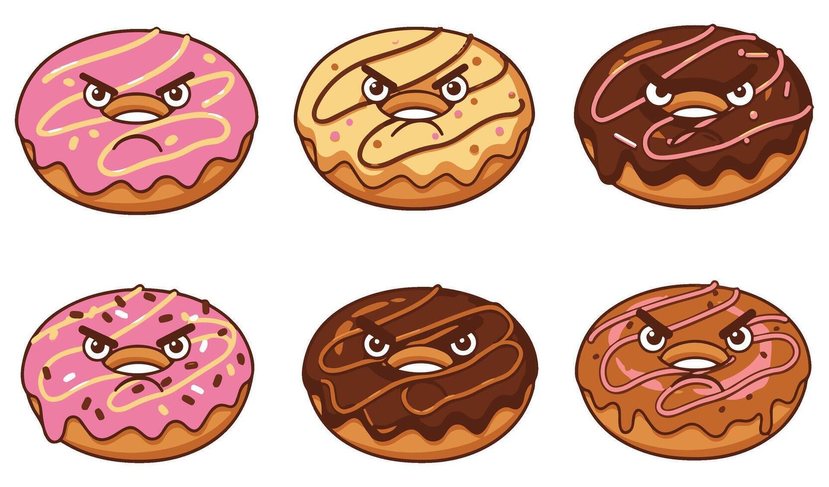 Creative Angry Donut Icon Set Highlighting Funny and Tasty Kawaii Food Characters with Colorful Glazes Chocolate Drizzles and Unique Emoji Style Faces for Vectors Art