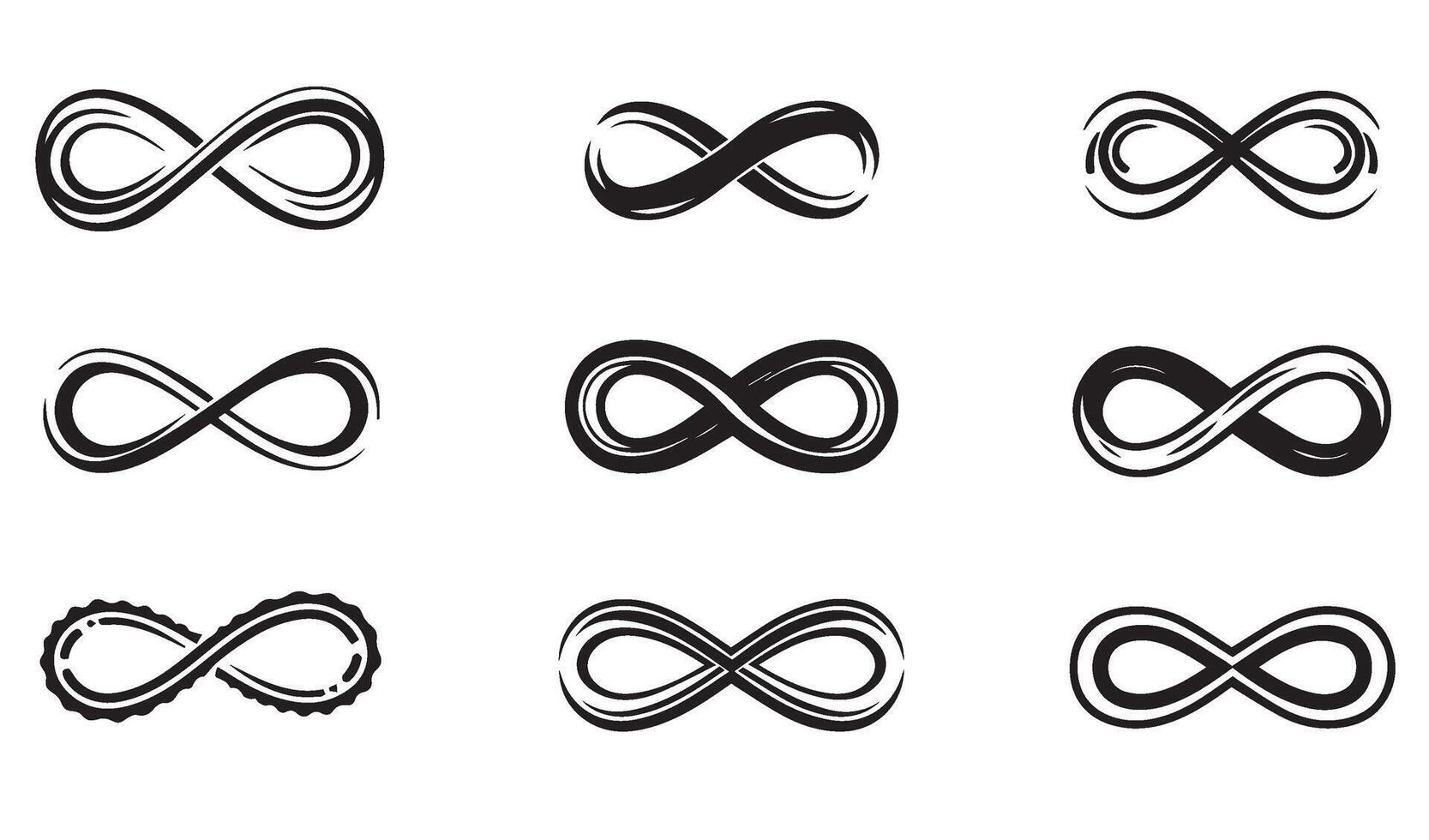 Stylized Doodle Flower Infinity Symbol Icon Line Art Set Silhouette Showcasing Unique Floral Patterns and Endless Loop Designs for Artistic Creations vector