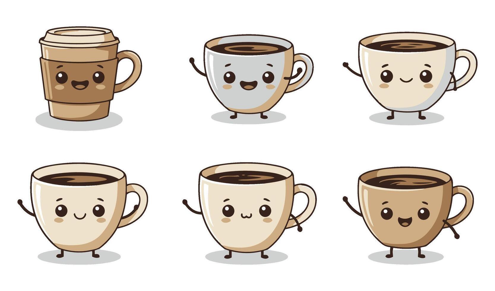 Playful and Modern Cute Happy Coffee Cup Set Illustration Displaying Vibrant and Stylish Reusable Coffee Cups for Branding Advertising and Promotional Use vector