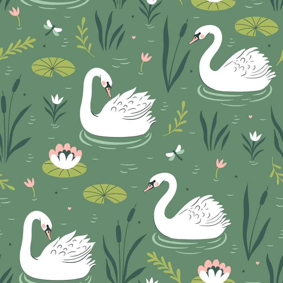 Seamless pattern with white swans on a pond. graphics. vector