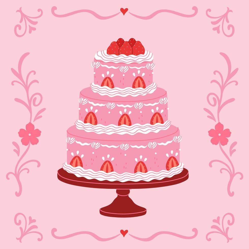 Tiered pink strawberry cake on a stand on a pink background. graphics. vector