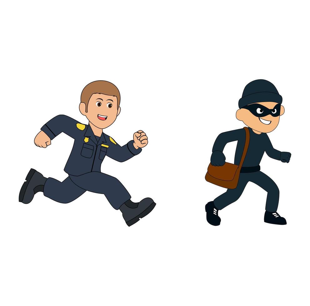389 Cartoon Police Running Chasing To Catch the Thief Vectors Illustration