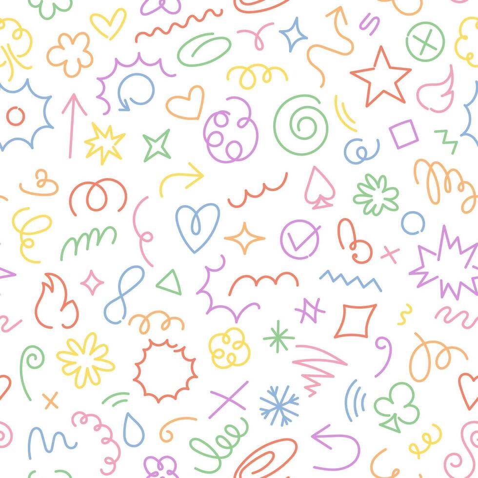 A vibrant seamless pattern featuring colorful hand-drawn doodles showcasing various playful and whimsical designs, perfect for creative backgrounds and artistic projects. vector