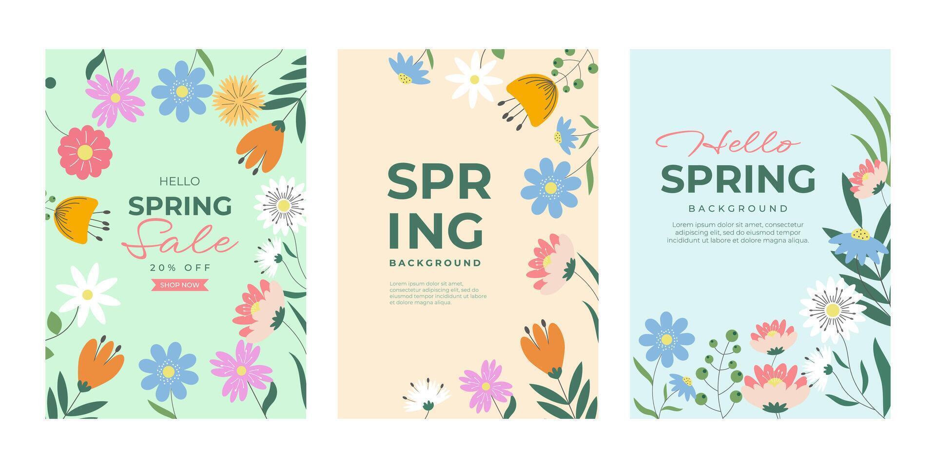 Hello Spring Poster Set with Hand Drawn Flowers, Badge Typography Icon. Lettering Spring Season with Sale Text Design For Greeting Card, Invitation Template. Modern Lettering Banner Poster Template. vector