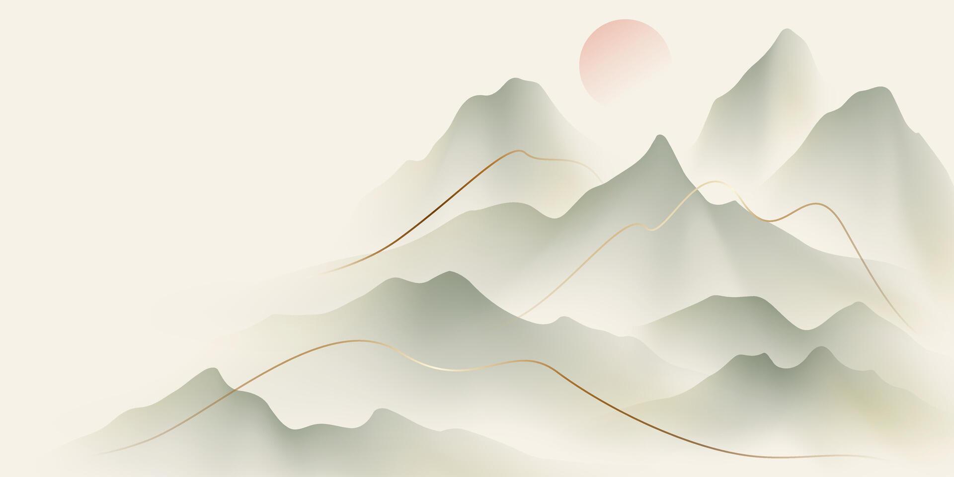 A mountain landscape with a red sun in the sky vector
