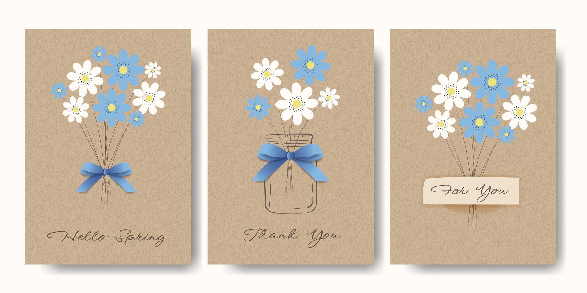 Poster Set with Blue Flower Jar and 3D Bow on Kraft Paper. Spring or Summer Cards with Bouquet on Cardboard Background. Brown Kraft Sheet Texture. Template with Floral on Vintage Parchment Background. vector