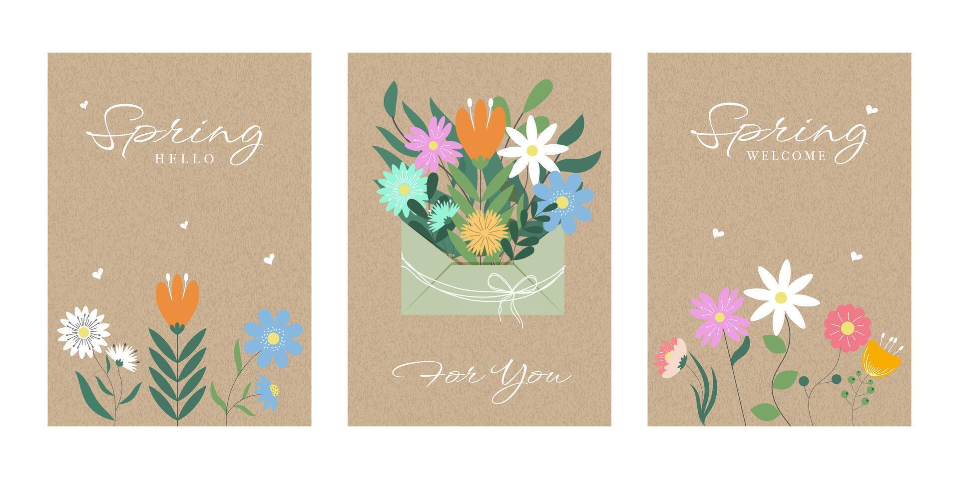 Spring or Summer Background Set with Hand Drawn Flowers and Envelope on Kraft Paper. Modern Spring Season Design For Greeting Card, Invitation Template, Mothers and Womans Day. Trendy Banner Poster. vector