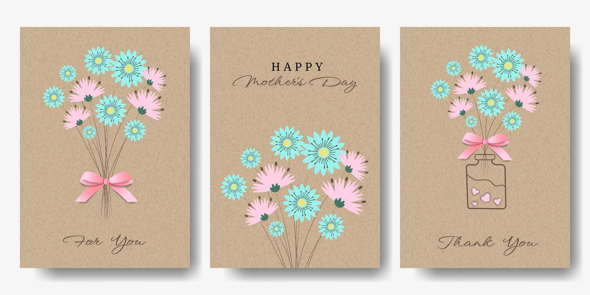 Templates Set with Flowers, Bouquet and 3D Bow on Kraft Paper. Spring or Summer Cards with Jar on Cardboard Background. Brown Kraft Sheet Texture. Template with Floral on Vintage Parchment Background. vector