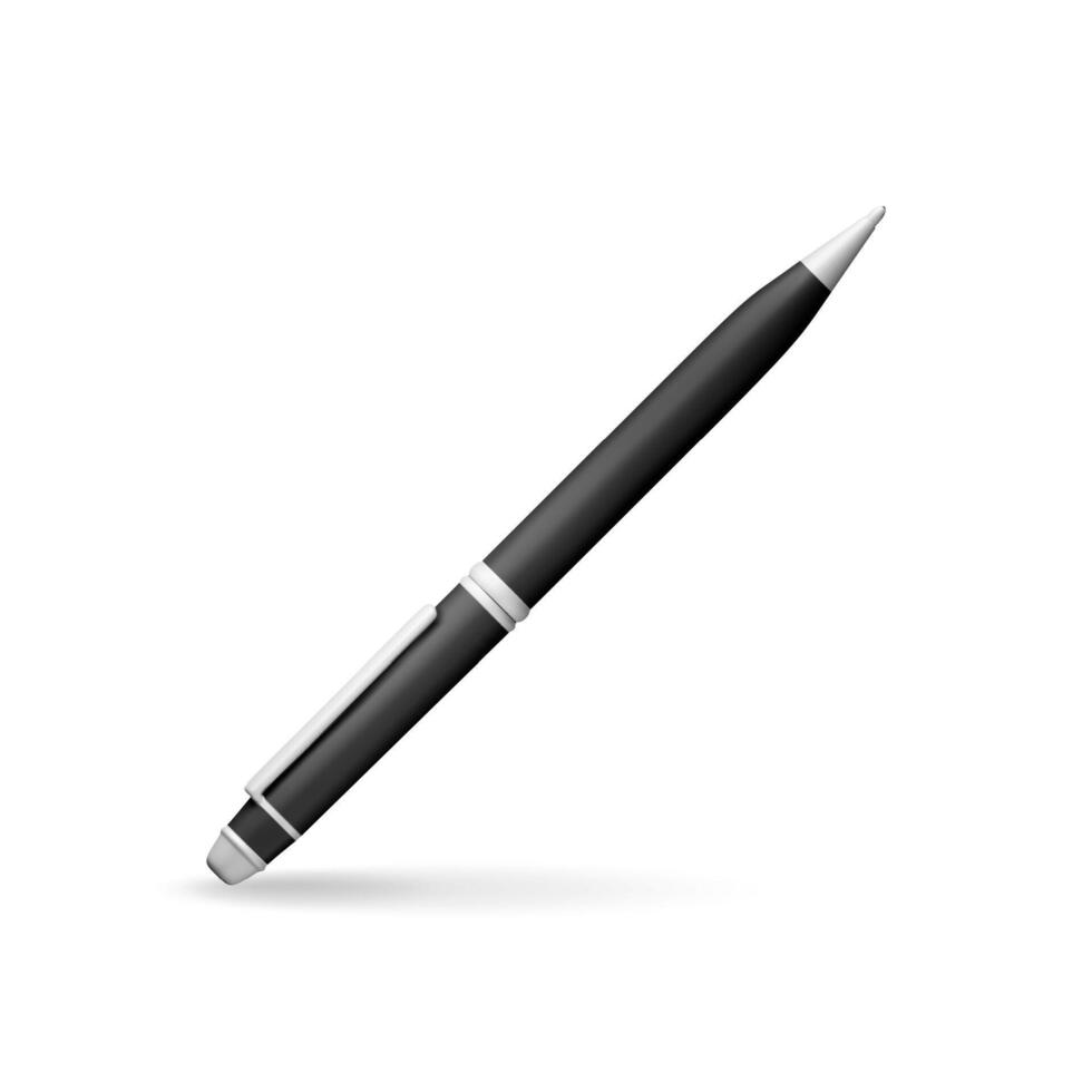 3D detailed classic ballpoint pen isolated on white. Render black pen with button. Office and school equipment, stationery. vector