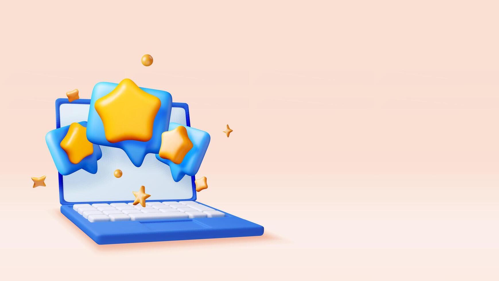 3D Colorful star shaped speech bubbles on laptop. Render rating chat balloon. Notification shape mockup. vector