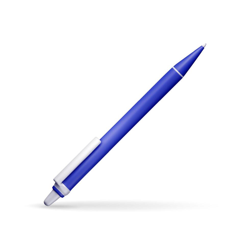 3D detailed classic ballpoint pen isolated on white. Render blue pen with button. Office and school equipment, stationery. vector