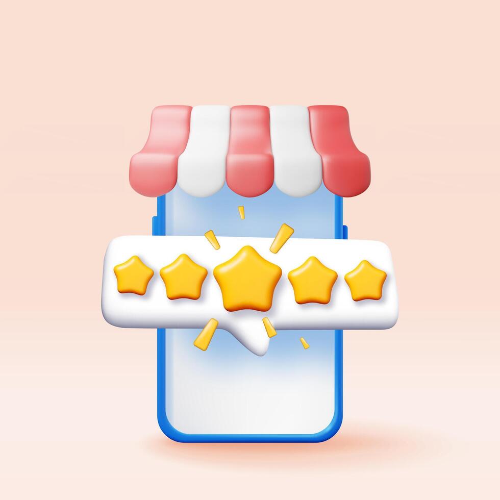 3d smartphone with awning and five star rating bubble. Render phone with rating app icon. Online shopping service feedback. vector