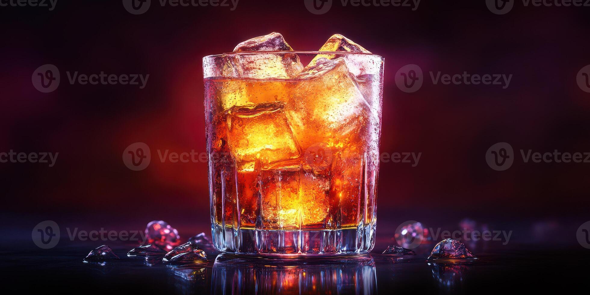 Refreshing cocktail served on a sleek bar counter with ice cubes and vibrant background lighting at a stylish evening gathering photo