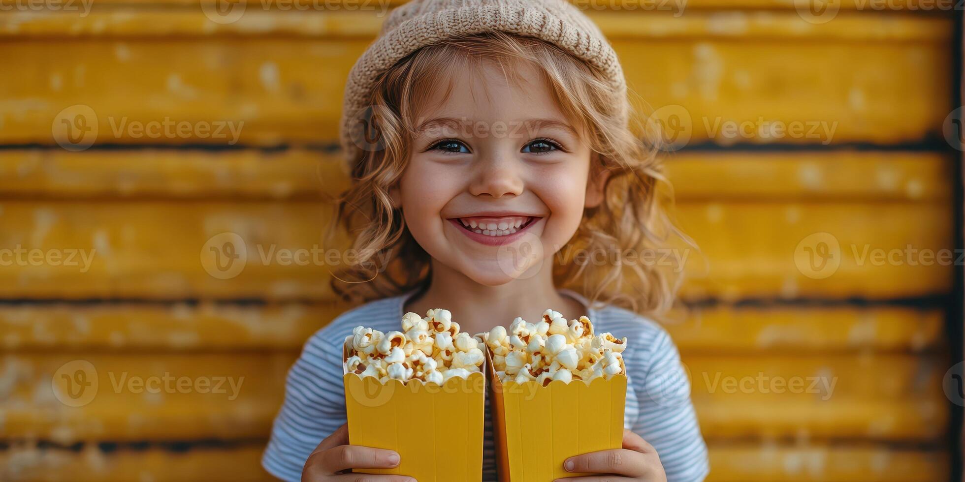 Happy child enjoying delicious popcorn in a vibrant setting with yellow backdrop during a sunny day photo
