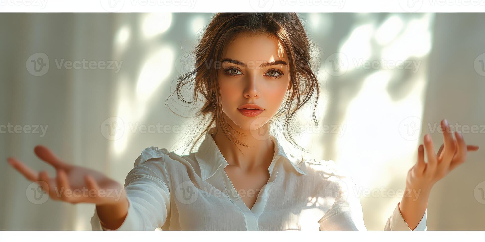 Young woman with captivating gaze extending her arms in a softly lit indoor setting during the afternoon photo