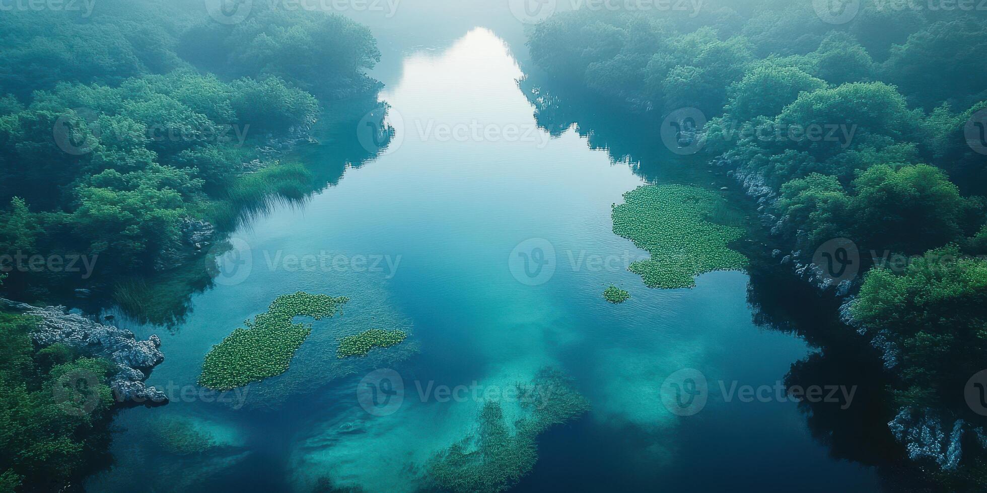 Serene river landscape captured at dawn reflecting lush greenery and calm waters photo