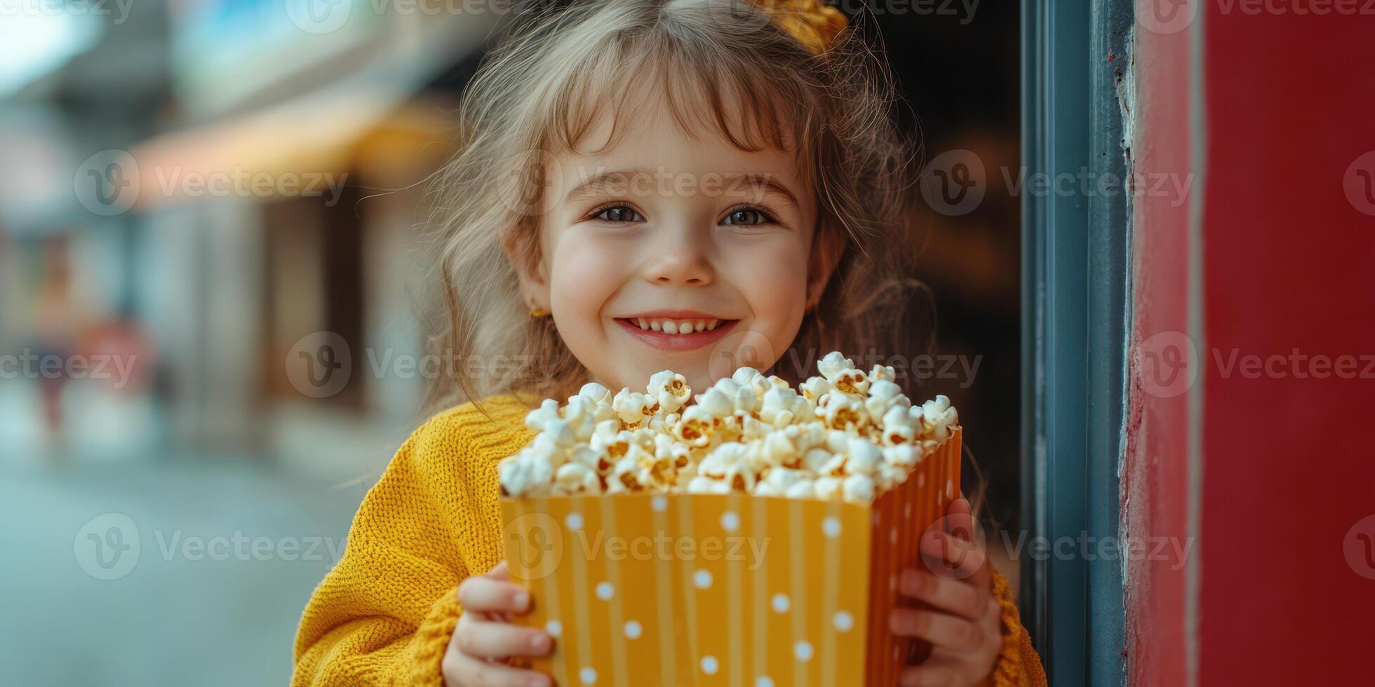 Young girl in cozy sweater enjoying popcorn while smiling in a vibrant outdoor setting during daylight photo