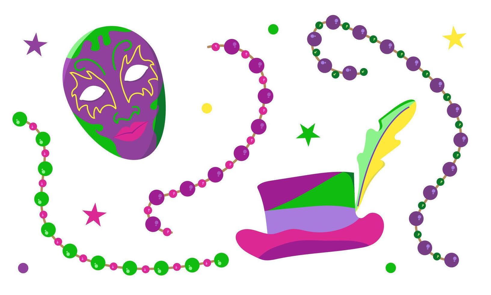 set with elements for Mardi Gras carnival. Bright Images of masks, hats with feathers and beads for design and logos. vector