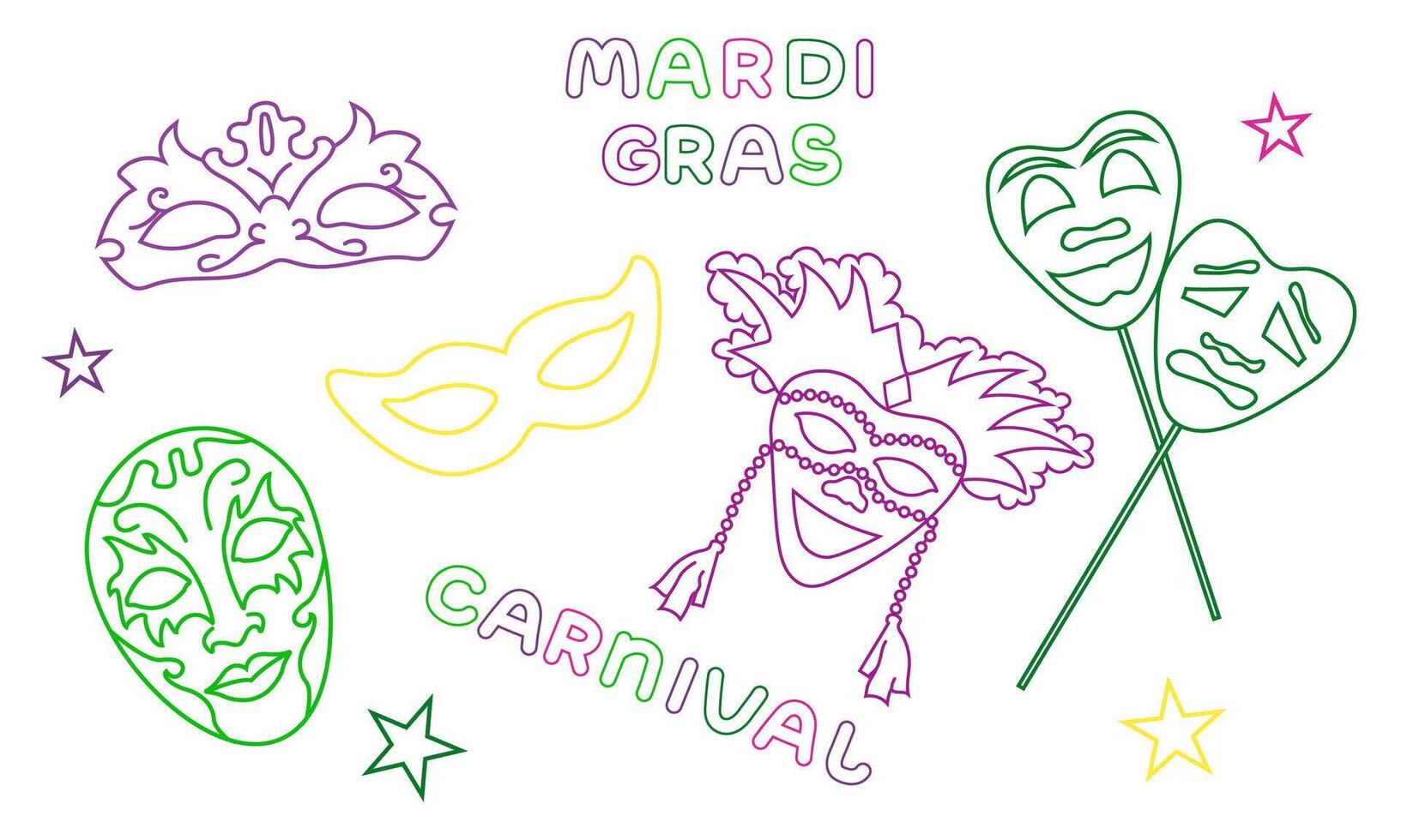 set with elements for Mardi Gras carnival with text in doodle style. Bright Images of different masks for design and logos. vector