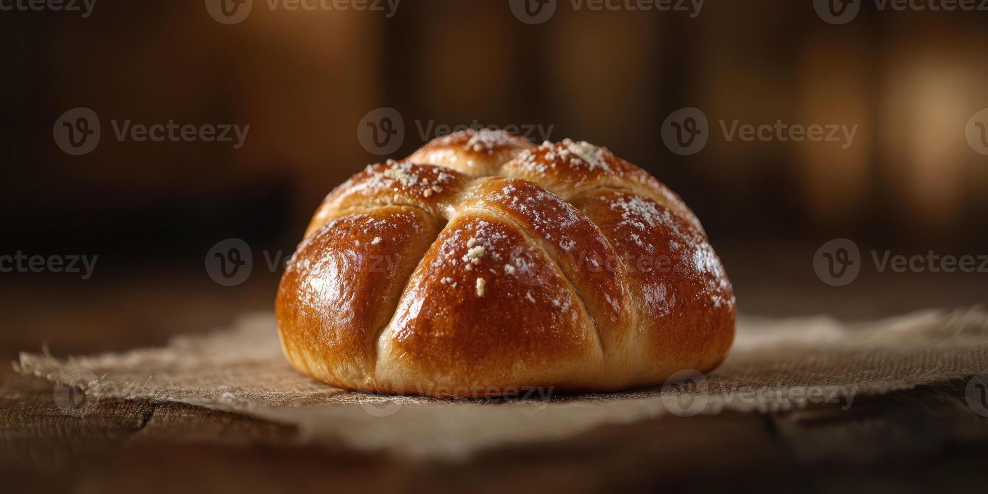 Freshly baked bread loaf resting on a burlap cloth in a warm, rustic setting photo