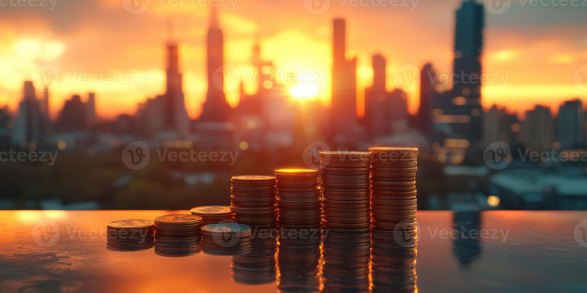Coins stacked against a beautiful sunset over a city skyline with tall buildings photo