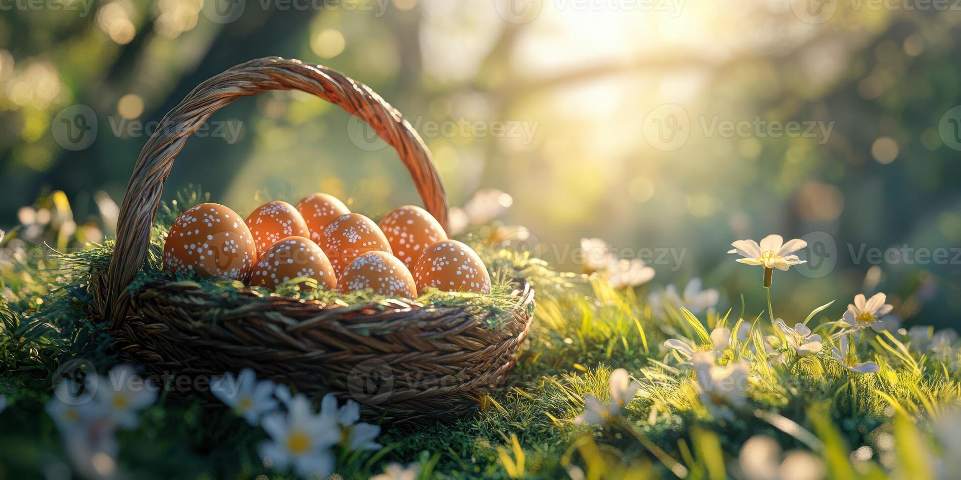 Colorful easter eggs in a woven basket on green grass surrounded by blooming flowers during a sunny spring afternoon photo