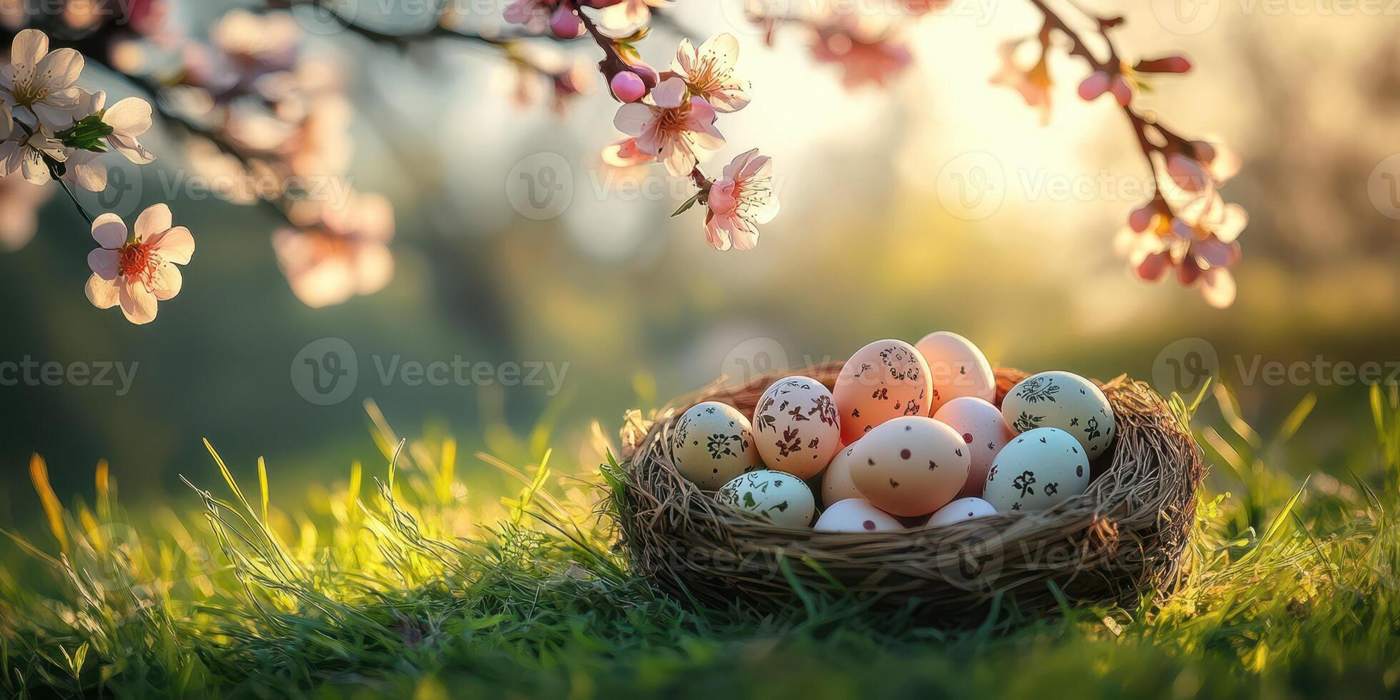 Colorful Easter eggs gathered in a nest under blossoming cherry trees during a sunny afternoon in spring photo