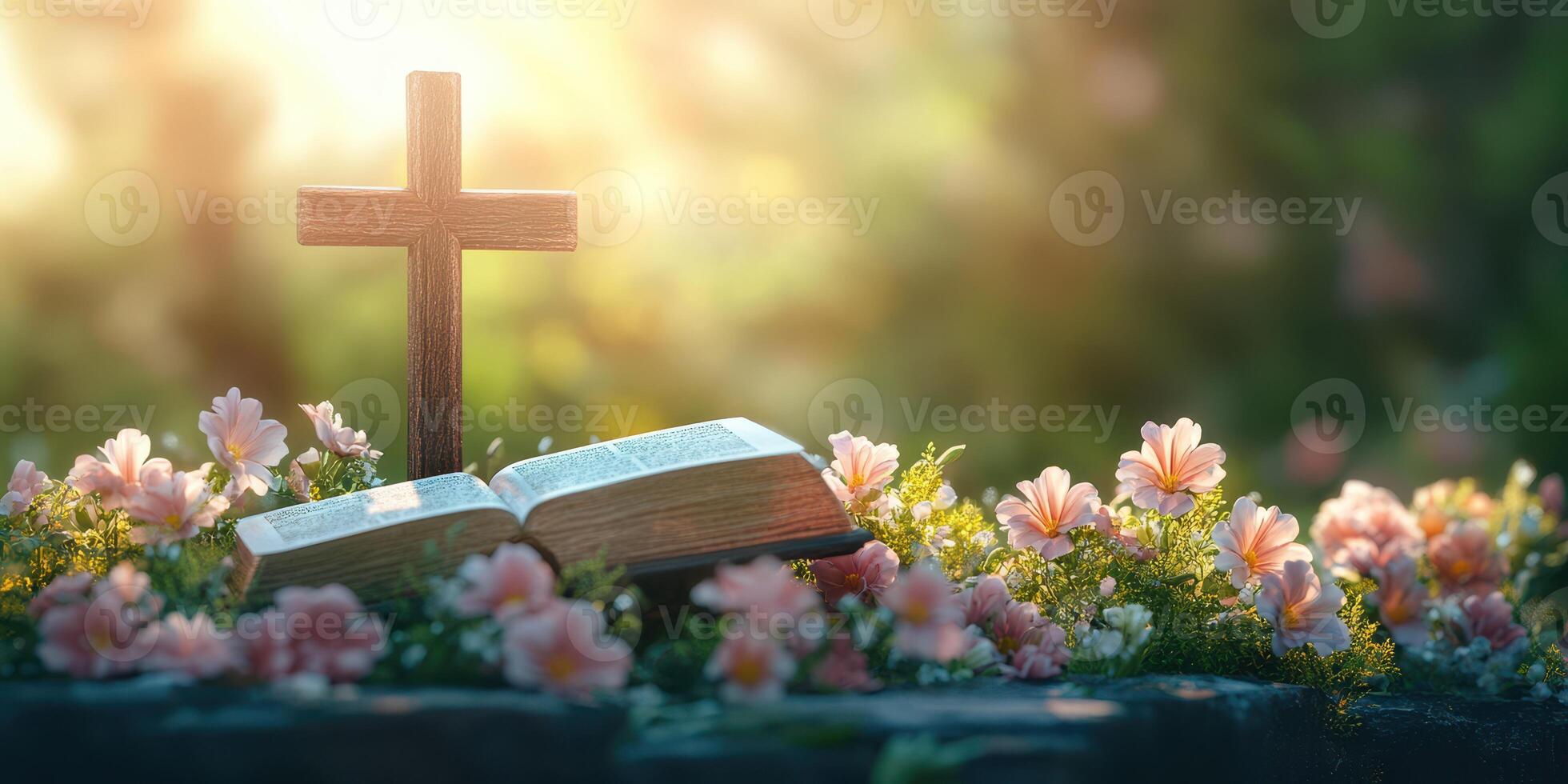 Graceful moment of reflection with a cross and open book surrounded by flowers in soft sunlight photo