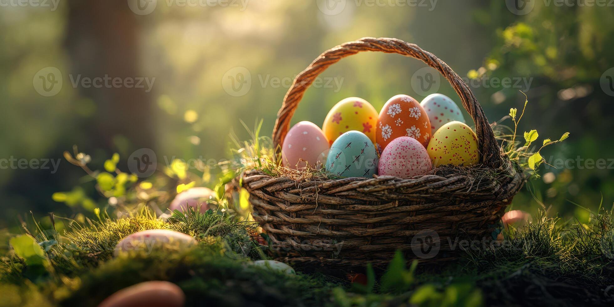 Colorful Easter eggs in a wicker basket resting on moss in a sunlit forest setting during springtime photo