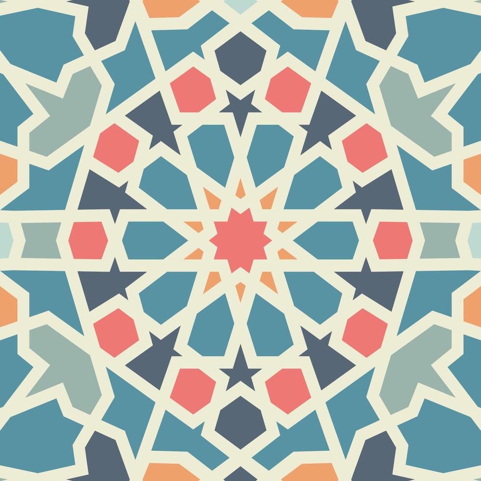 A colorful Islamic geometric pattern featuring symmetrical star motifs in pink, blue, and beige tones with intricate details. Seamless pattern. vector