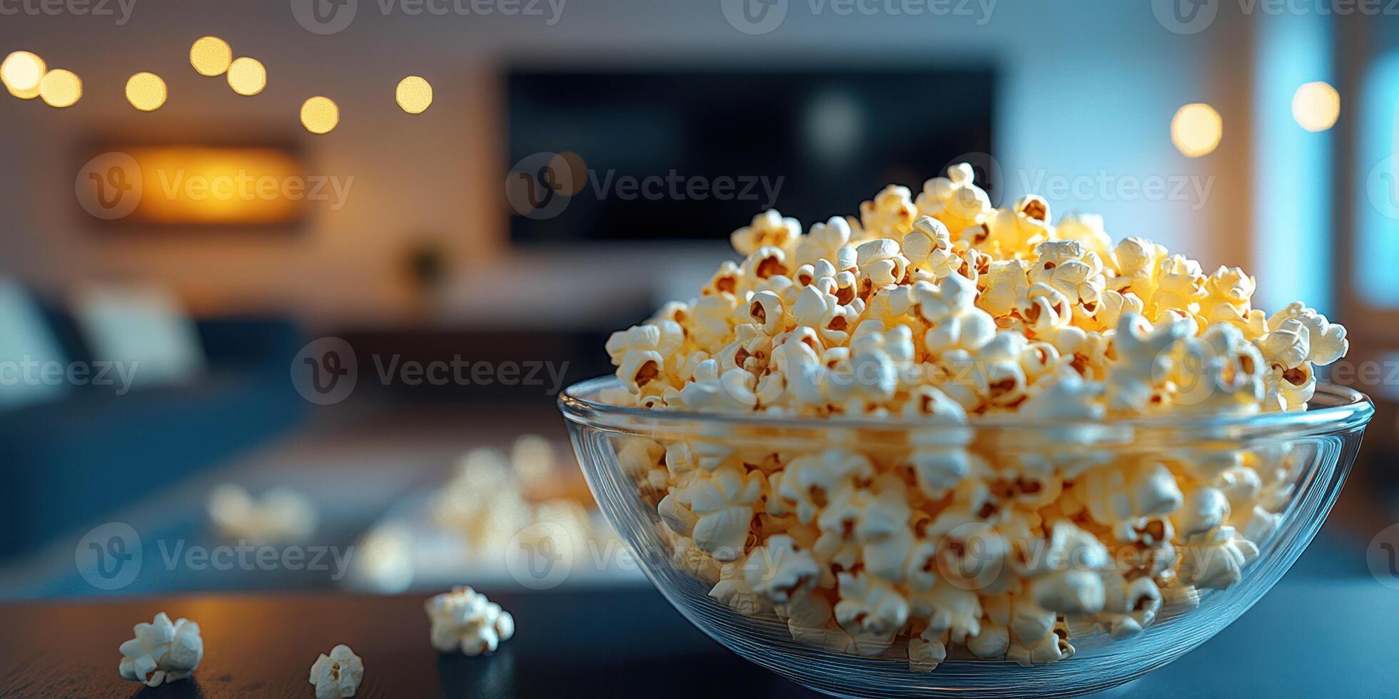 Cozy evening with a bowl of popcorn in a softly lit living room, perfect for movie night or relaxation time photo