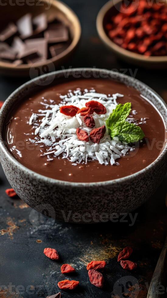 Delicious chocolate pudding topped with coconut, goji berries, and mint leaves in a rustic bowl photo