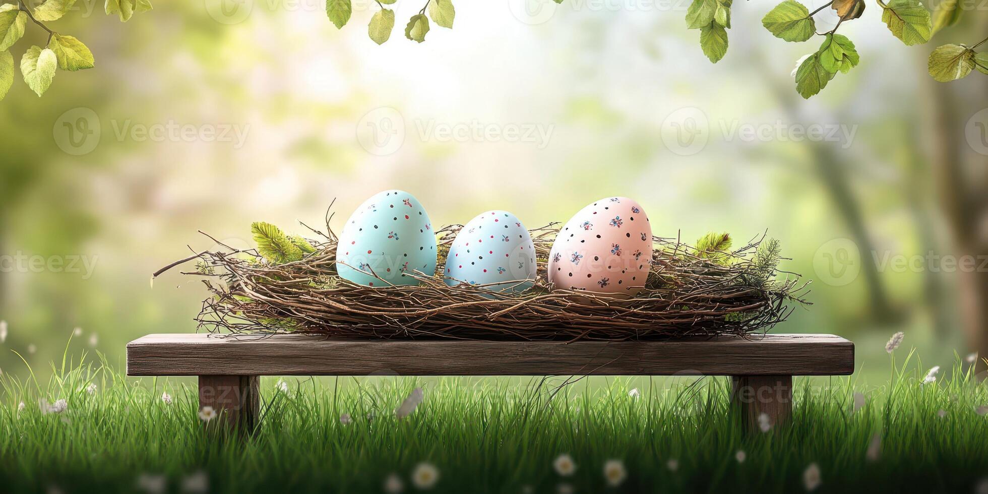 Colorful Easter eggs in a nest on a wooden bench surrounded by greenery and soft sunlight photo