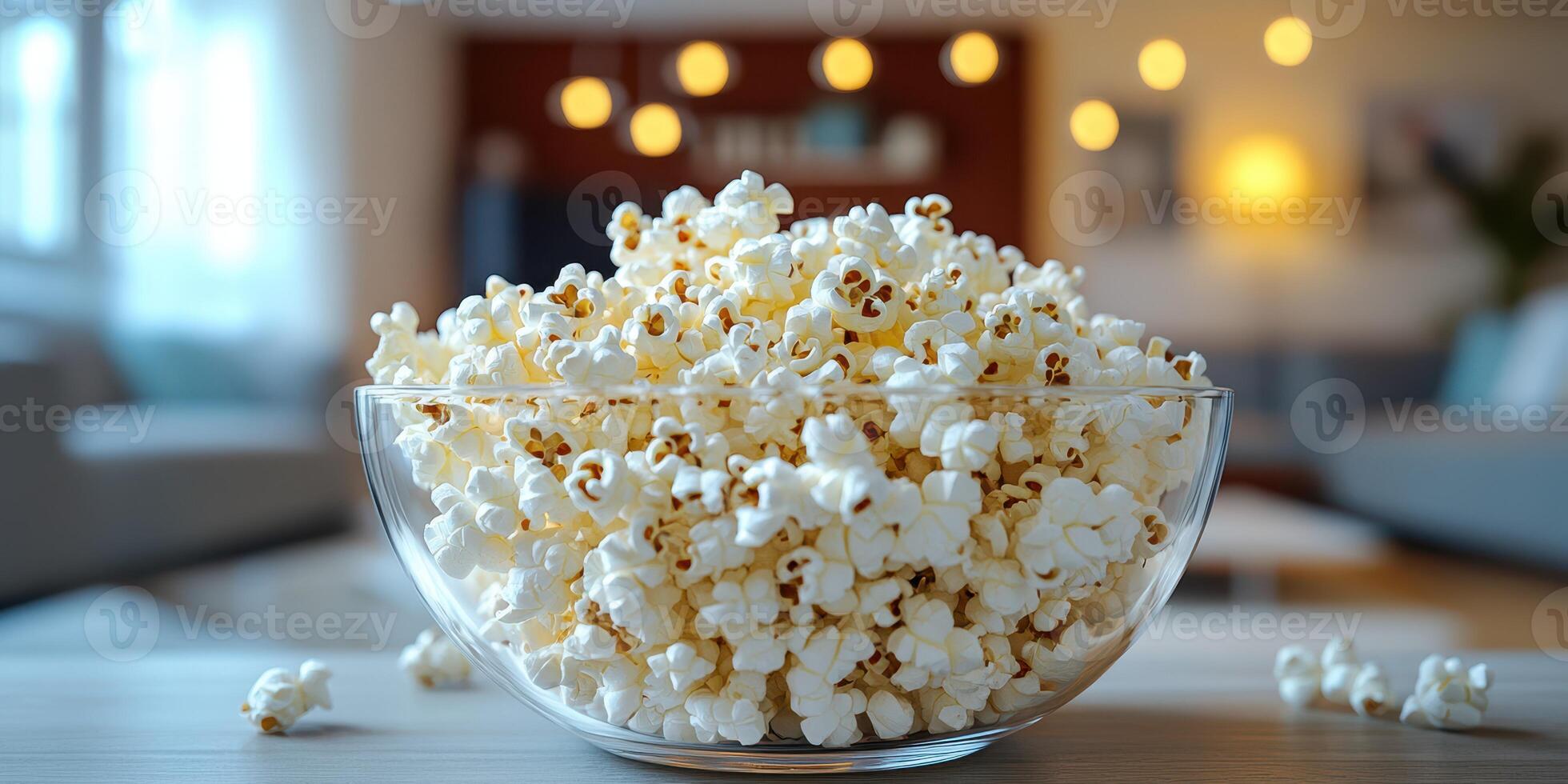 Popcorn in a bowl on a wooden table in a cozy living room with warm lighting during evening gatherings and movie nights photo
