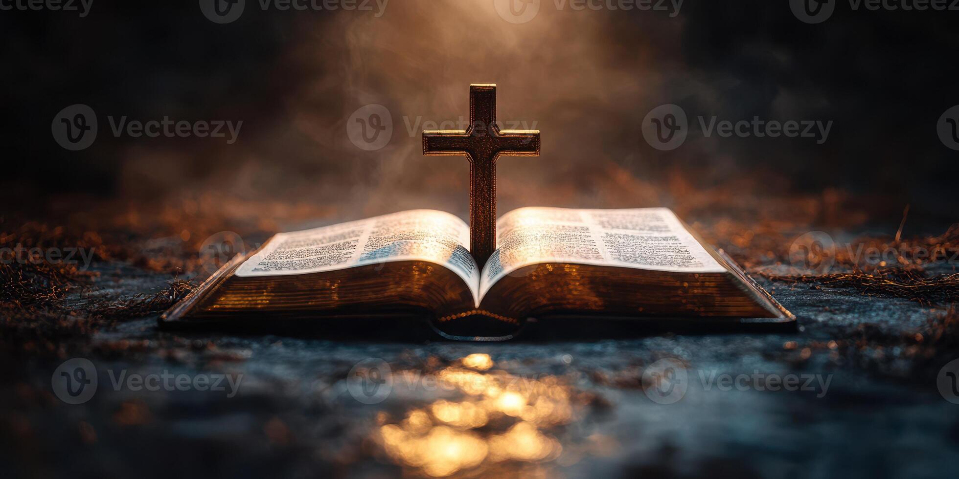 Open Bible with Cross on Top Illuminated by Soft Light in a Dim Setting photo