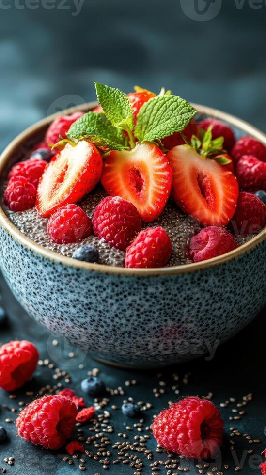 Chia seed pudding topped with fresh strawberries and raspberries in a rustic bowl photo
