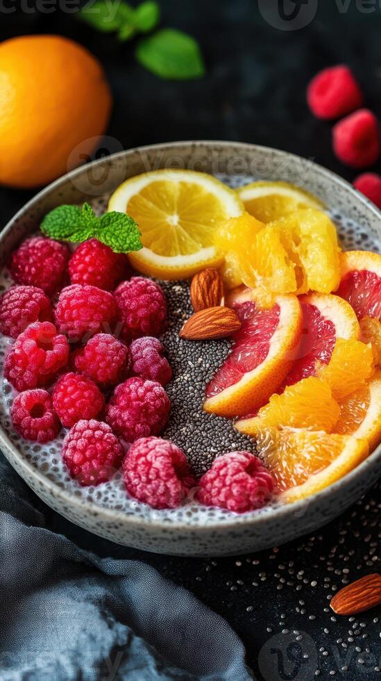 Fresh fruit and chia pudding bowl with vibrant berries and citrus for a healthy breakfast in a cozy kitchen photo