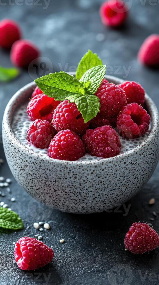 Fresh raspberries topped with mint sit in a speckled bowl on a dark background with scattered ingredients photo