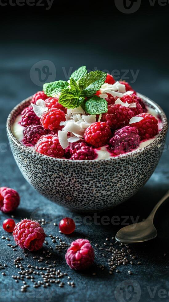 Fresh raspberry yogurt bowl with coconut flakes and mint on a dark background photo