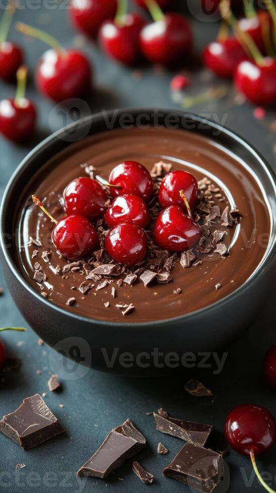 Rich chocolate dessert topped with cherries and chocolate shavings on a dark background photo