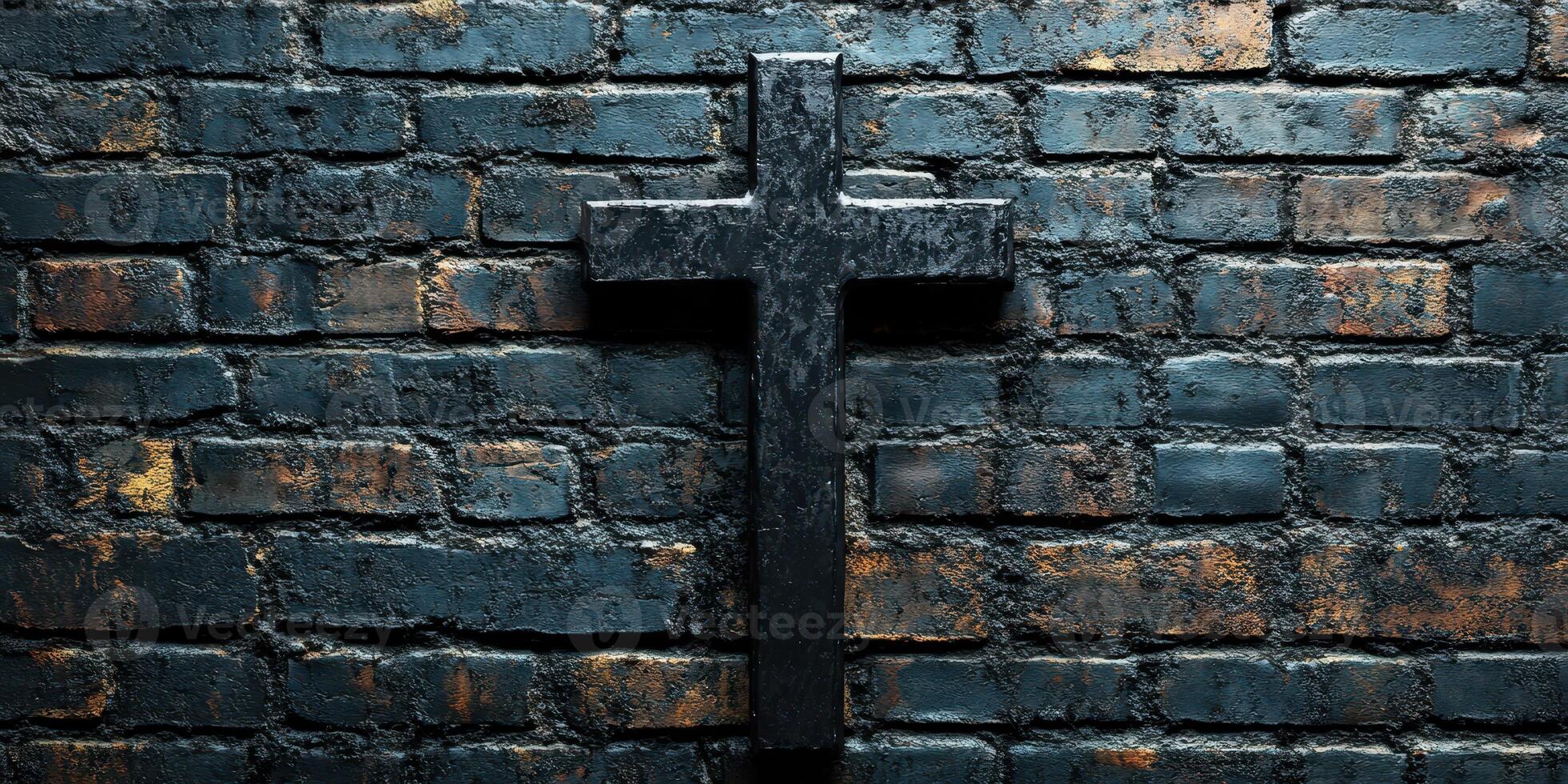Cross mounted on a worn brick wall highlighting texture and contrast in a serene setting photo