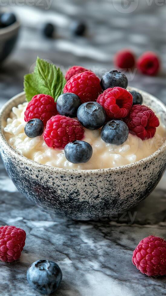 Delicious bowl of creamy yogurt topped with fresh raspberries and blueberries on a marble surface photo