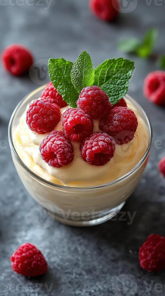 Fresh raspberry dessert served in a clear glass bowl garnished with mint leaves on a dark countertop photo